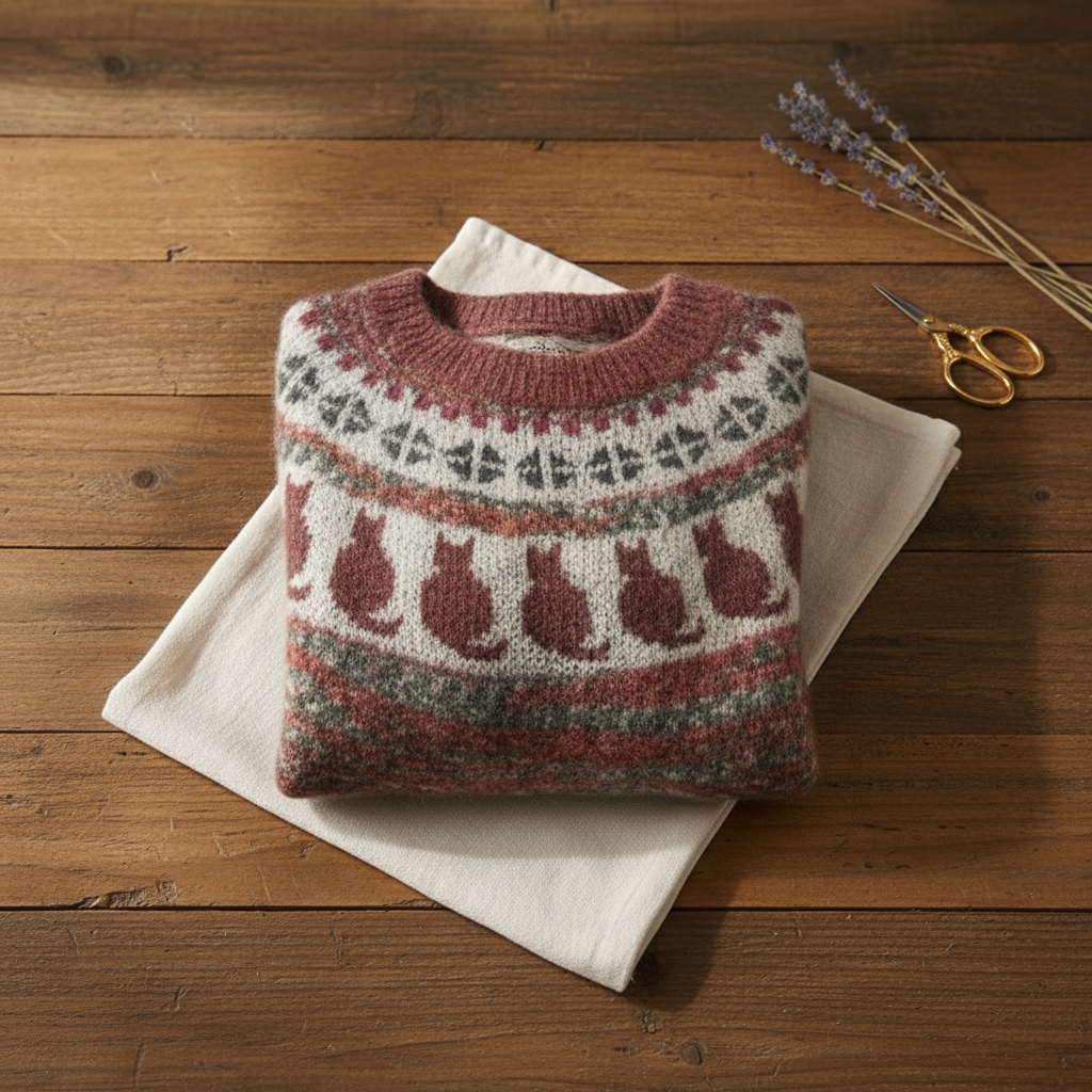 Cotton Sweater with Cats Nordic Pattern