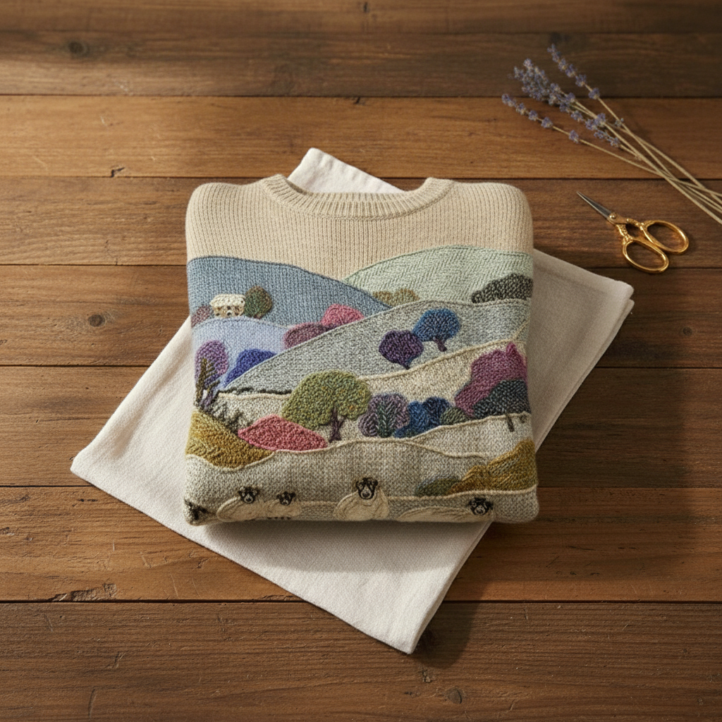 Cashmere Sweater Multicolor with Landscape & Sheep Pattern