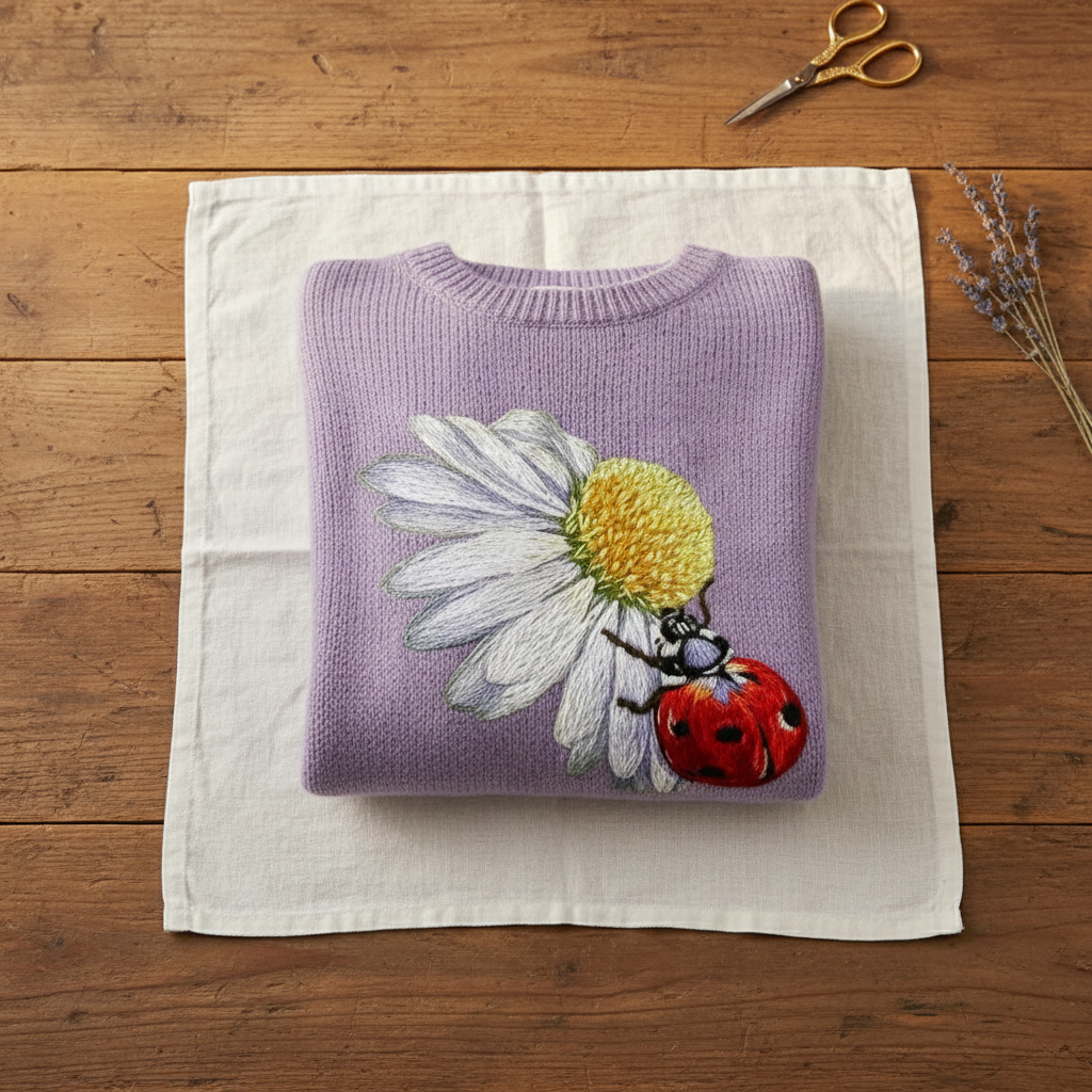 Cashmere Sweater Purple with Daisy & Ladybug