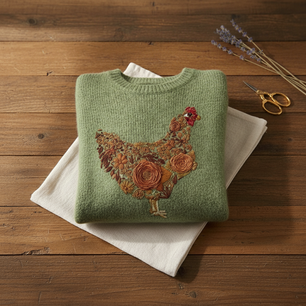 Cashmere Sweater Green with Floral Patterned Hen