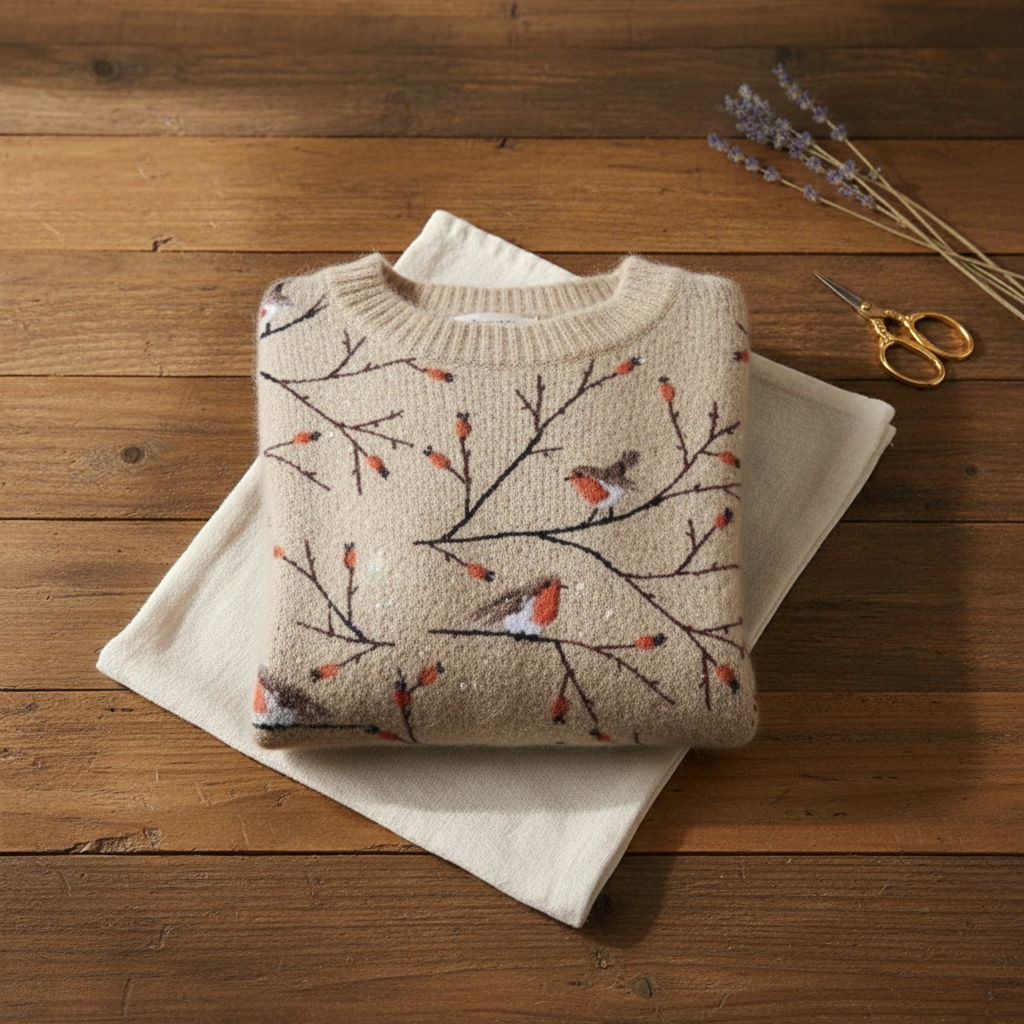 Cashmere Sweater Cream with Robin & Branches Pattern