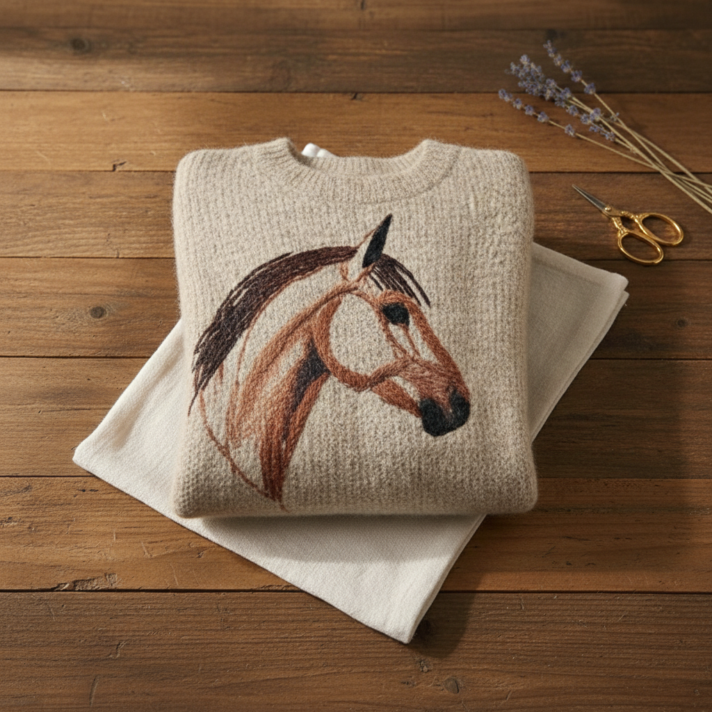 Cashmere Sweater Cream with Horse Design