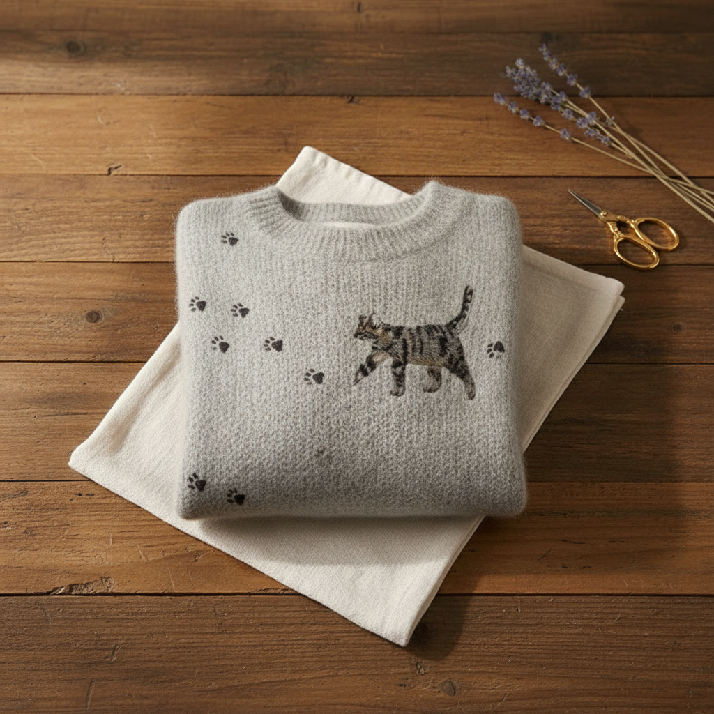 Cashmere Sweater Gray with Kitten & Paw Prints