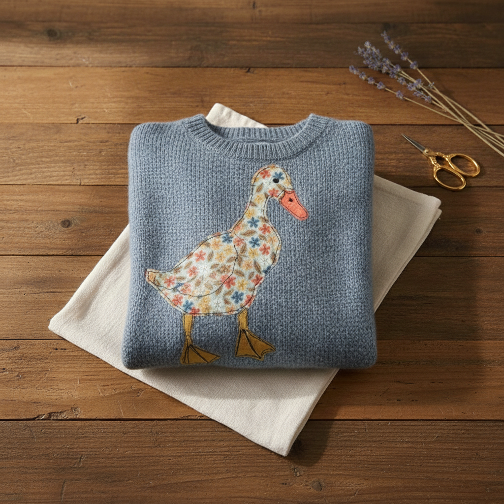 Cashmere Sweater Blue with Duck with Floral Pattern