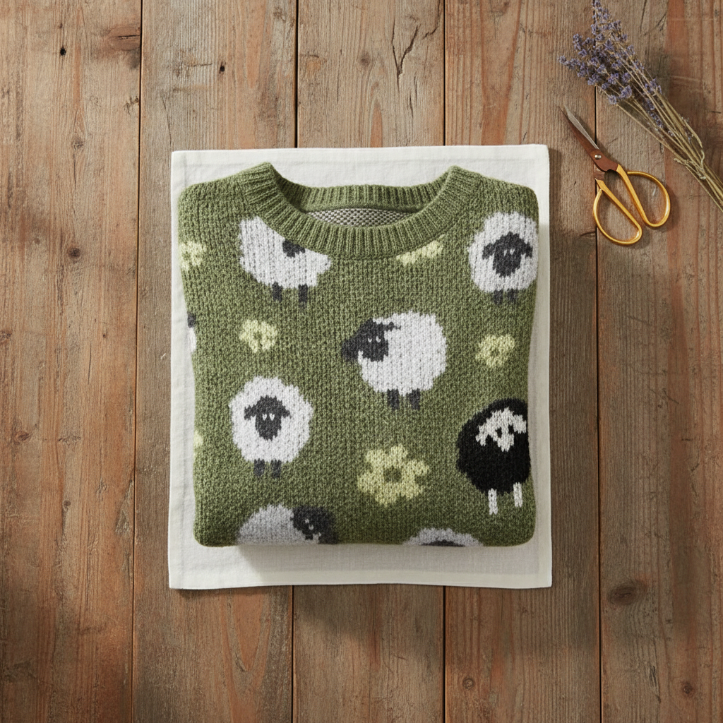 Cotton Sweater Green with Sheep Pattern