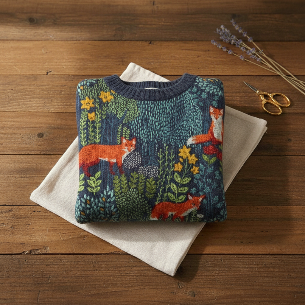 Cashmere Sweater Navy with Fox & Forest Pattern
