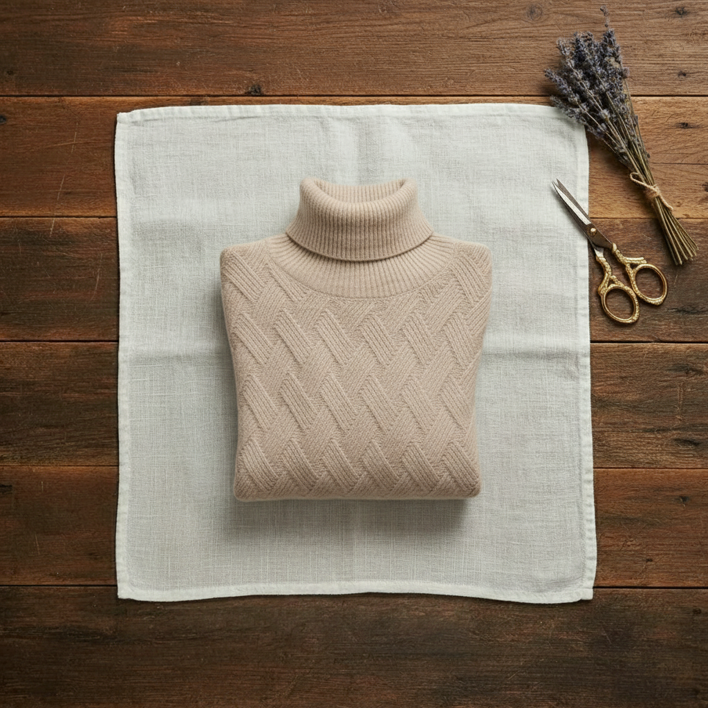 Cashmere Turtleneck Sweater with Herringbone Knit