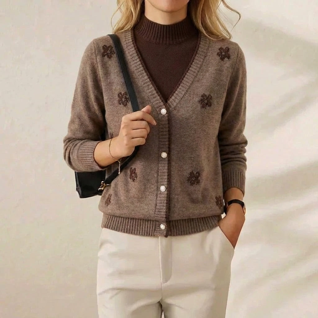 Cashmere V-Neck Cardigan with Embroidered Accents