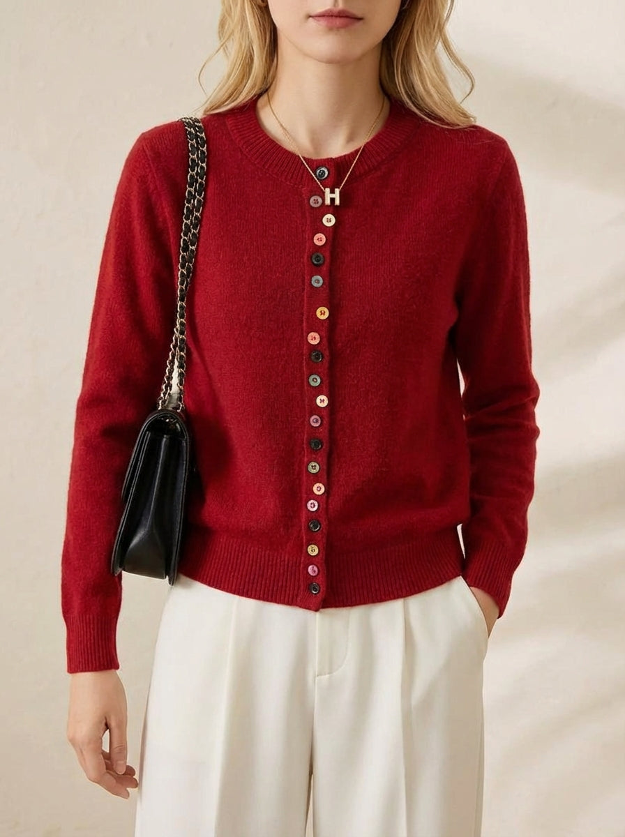 Cashmere Crew Neck Cardigan with Multicolor Buttons