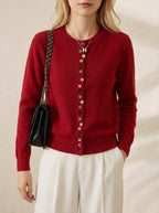 Cashmere Crew Neck Cardigan with Multicolor Buttons