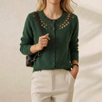 Cashmere Crew Neck Cardigan with Embroidered Neckline