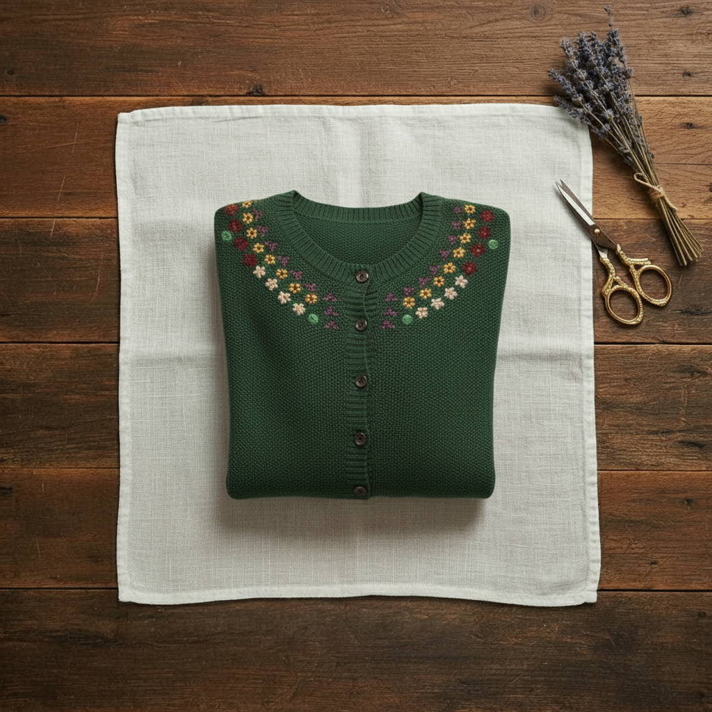 Cashmere Crew Neck Cardigan with Embroidered Neckline