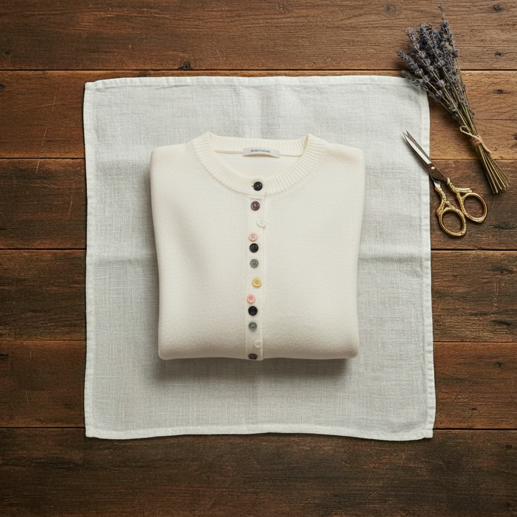 Cashmere Crew Neck Cardigan with Multicolor Buttons