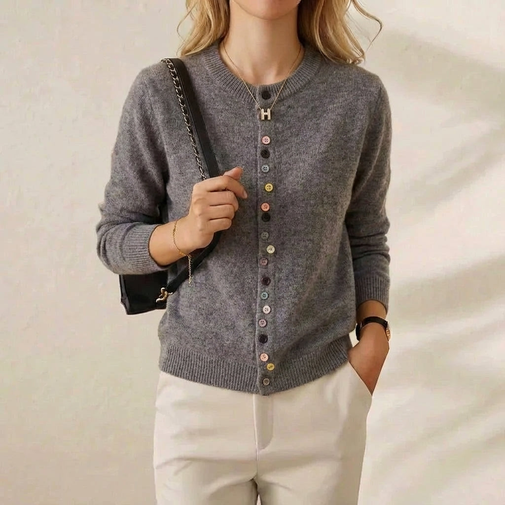 Cashmere Crew Neck Cardigan with Multicolor Buttons