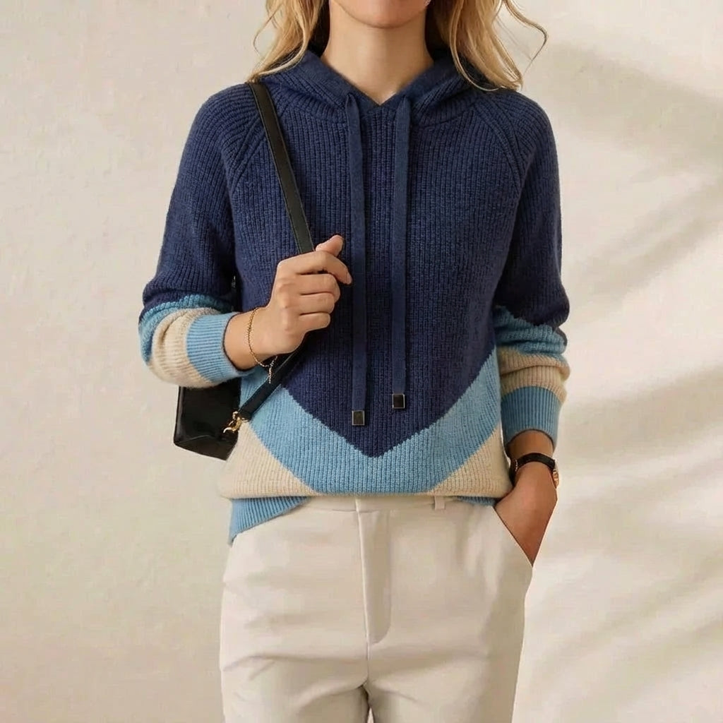 Cashmere Hoodie Sweater with Color-Block Design