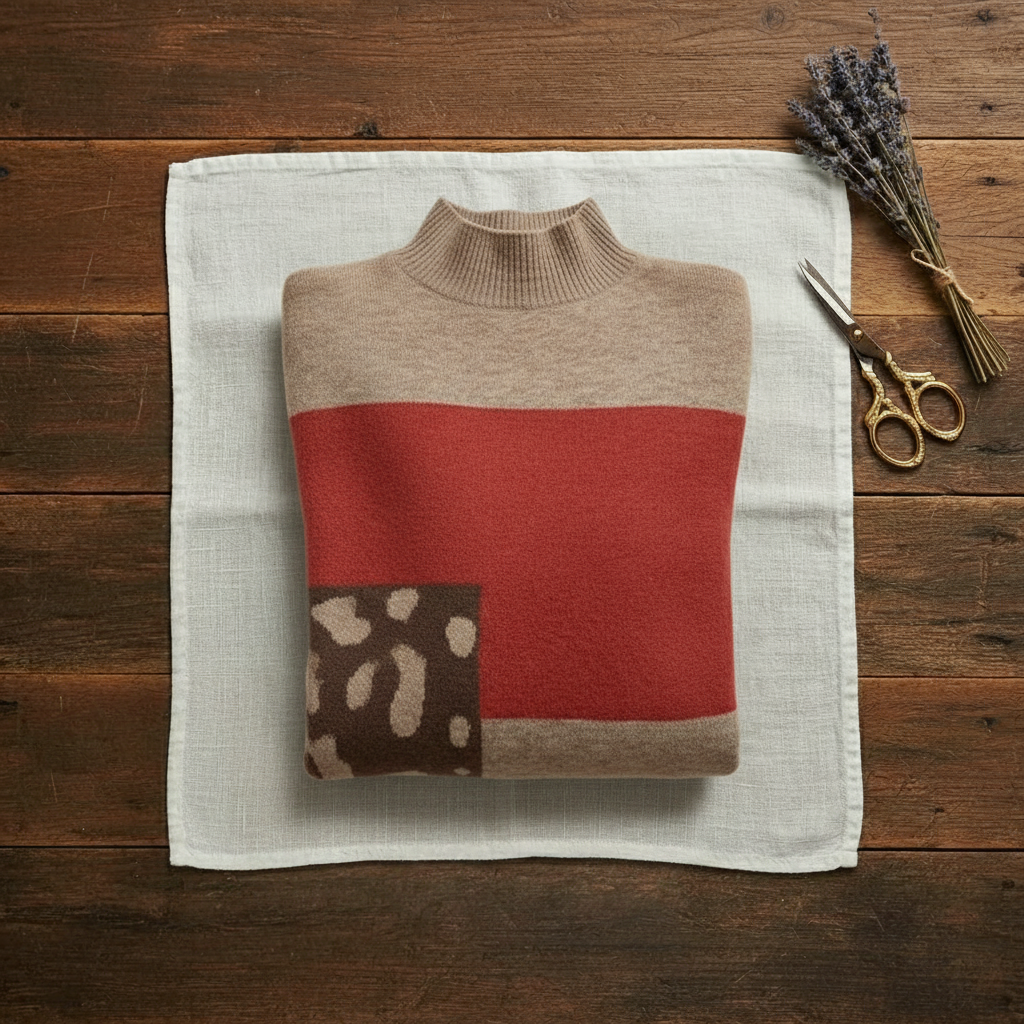 Cashmere Crew Neck Sweater with Color-Block Pattern