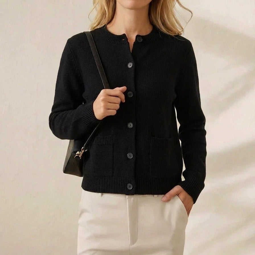 Cashmere Crew Neck Cardigan with Ribbed Knit