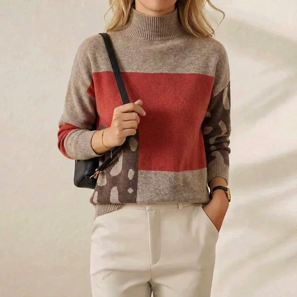 Cashmere Crew Neck Sweater with Color-Block Pattern