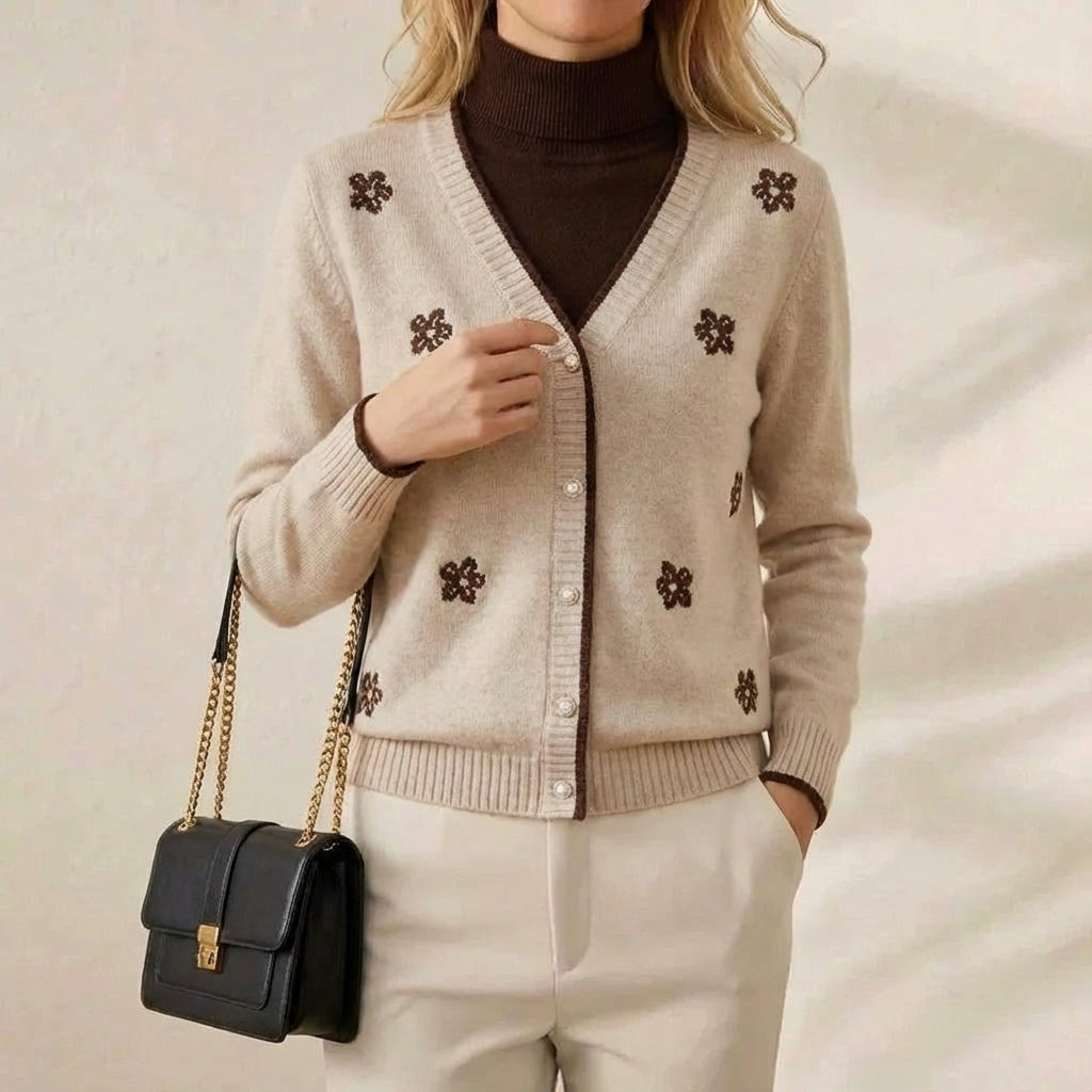 Cashmere V-Neck Cardigan with Embroidered Accents