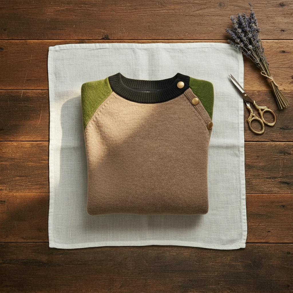 Cashmere Crew Neck Sweater with Contrast Raglan Sleeves