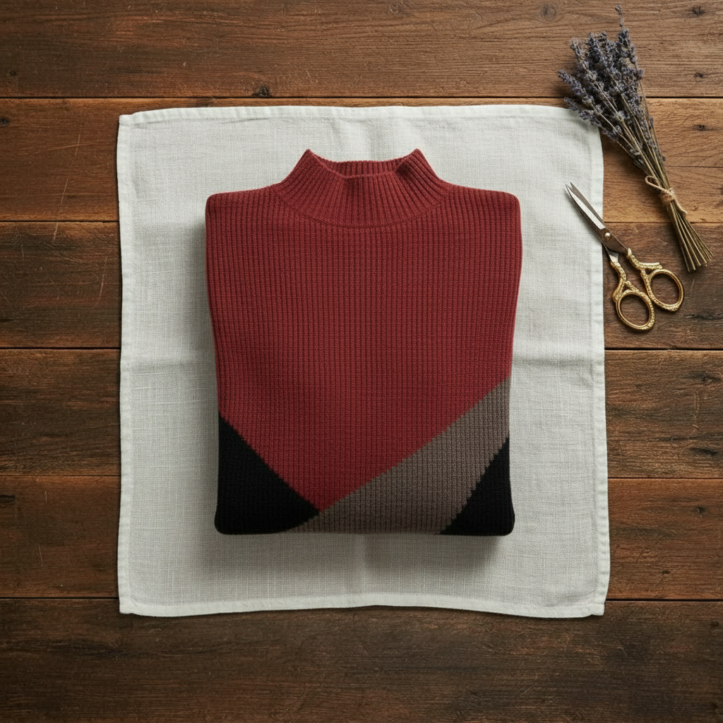 Cashmere Turtleneck Sweater with Diagonal Color-Block