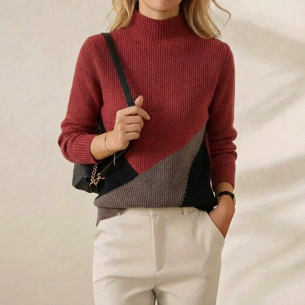 Cashmere Turtleneck Sweater with Diagonal Color-Block