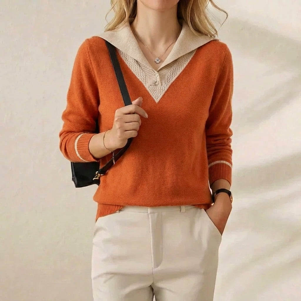Cashmere V-Neck Sweater with Contrast Collar