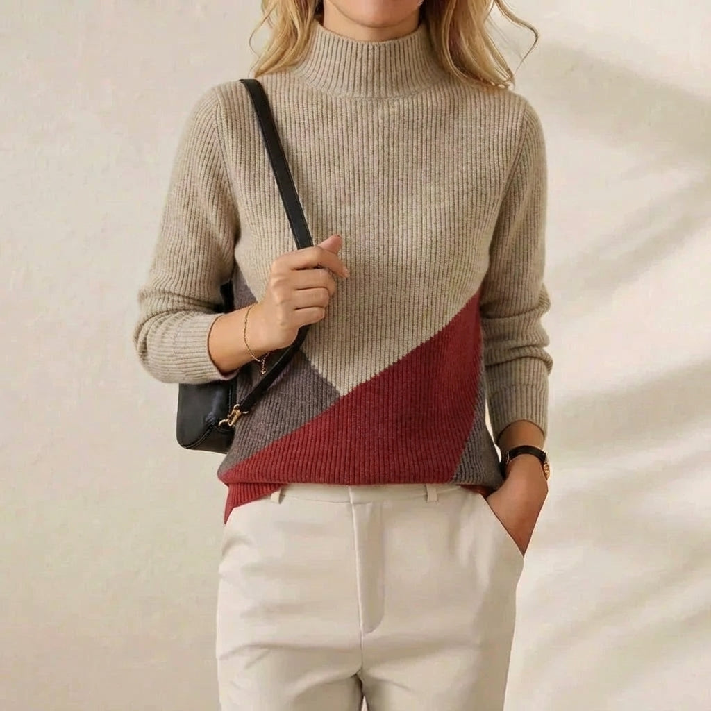 Cashmere Turtleneck Sweater with Diagonal Color-Block