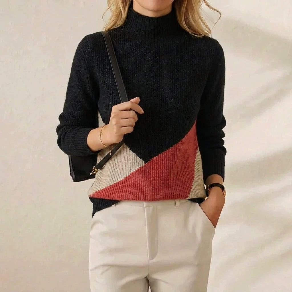 Cashmere Turtleneck Sweater with Diagonal Color-Block